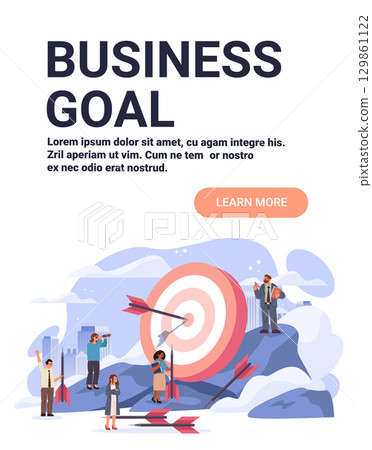 Business goal target teamwork success people aiming arrows mountain landscape city background website banner 129861122