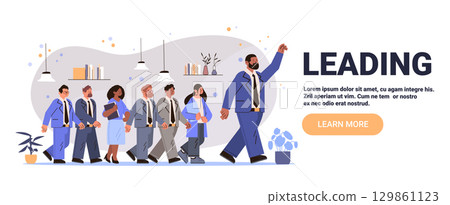 Leading business team leadership concept diverse group of professionals following confident manager modern office interior plants bookshelves abstract background website banner Leading business team leadership concept diverse group of professionals following confident manager modern office interior plants bookshelves abstract background website banner 129861123