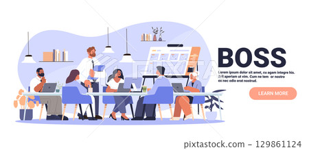 Boss leadership business meeting teamwork office people collaborating at conference table with laptops charts plants modern workspace presentation flat 129861124