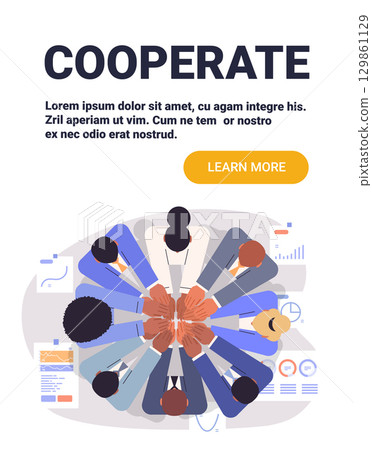 Cooperate teamwork business meeting diverse group collaboration people joining hands charts office workspace top view web banner 129861129