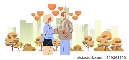 Senior couple romance autumn park cityscape skyline flat trees orange hearts modern urban background website banner 129861130