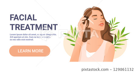 Facial treatment skincare woman applying serum dropper natural leaves beauty wellness spa concept web banner Facial treatment skincare woman applying serum dropper natural leaves beauty wellness spa concept web banner 129861132