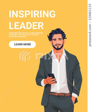 Inspiring leader confident businessman holding smartphone modern suit yellow background website banner Inspiring leader confident businessman holding smartphone modern suit yellow background website banner 129861133