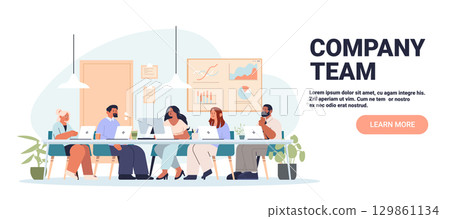 Company team office meeting collaboration diverse employees working together laptops business charts modern workspace plants flat website banner Company team office meeting collaboration diverse employees working together laptops business charts modern workspace plants flat website banner 129861134