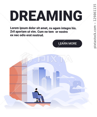 Dreaming business person looking at cityscape imagination clouds modern office window urban skyline abstract background website banner Dreaming business person looking at cityscape imagination clouds modern office window urban skyline abstract background website banner 129861135