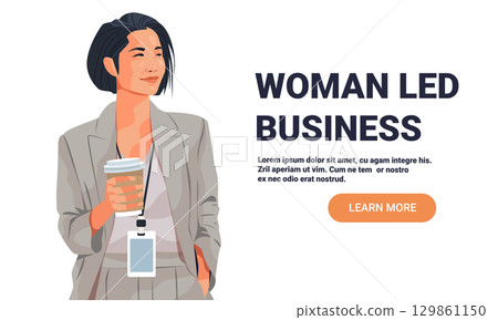 Woman led business female entrepreneur leadership concept confident businesswoman holding coffee wearing suit ID badge modern office style landing page 129861150
