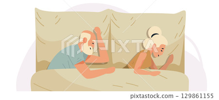Senior couple relationship conflict bedroom disagreement emotional distance lying back to back in bed muted colors modern flat style 129861155