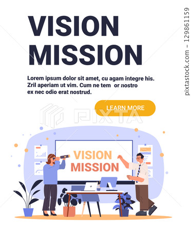 Vision mission business team presentation strategy planning people discussing goals charts modern office workspace 129861159