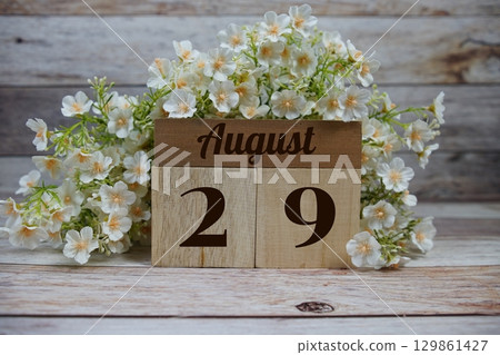 Wooden Calendar Showing the Date of August 29th. Day 29 of August month 129861427