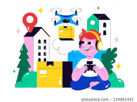 Drone Delivery Service Illustration featuring a Shipping Parcel Package with Modern Technology using Remote Control Air Logistics in a Background Drone Delivery Service Illustration featuring a Shipping Parcel Package with Modern Technology using Remote Control Air Logistics in a Background 129861491