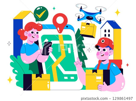 Drone Delivery Service Illustration featuring a Shipping Parcel Package with Modern Technology using Remote Control Air Logistics in a Background 129861497