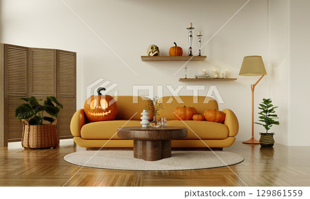 Halloween home decor with pumpkins and bat decorations. 3D render illustration Halloween home decor with pumpkins and bat decorations. 3D render illustration 129861559