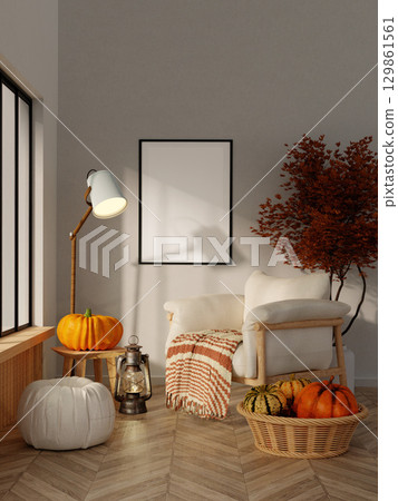 Stylish Halloween living area with pumpkins and cozy seating 3D render illustration Stylish Halloween living area with pumpkins and cozy seating 3D render illustration 129861561