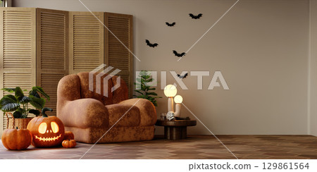 Cozy Halloween nook with warm tones and whimsical decorations. 3D render illustration 129861564