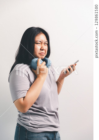 Asian girl expresses dislike, person express negative feeling, concept business complaint from customer ensuring employee satisfaction negative feedback to prevent mental strain customer dislike 129861580