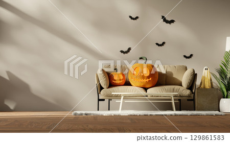 Halloween living room with playful pumpkin accents and bat decor. 3D render illustration 129861583