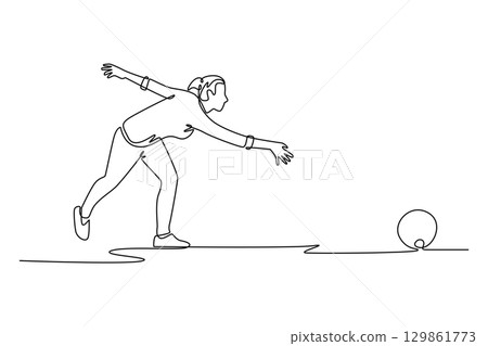 Continuous one line drawing features woman releasing bowling ball, representing precision, poise, and follow-through required to master the sports. Single line draw design vector graphic illustration Continuous one line drawing features woman releasing bowling ball, representing precision, poise, and follow-through required to master the sports. Single line draw design vector graphic illustration 129861773