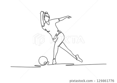 Continuous one line drawing professional female bowler in follow-through pose. Symbolizing the fluid motion, athletic grace, and poise of a player. Single line draw design vector graphic illustration 129861776