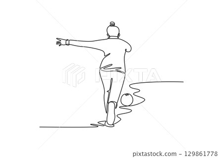 Continuous one line drawing back view of woman releasing bowling ball at indoor arena. Symbolizing smooth motion and elegant balance of the sport. Single line draw design vector graphic illustration Continuous one line drawing back view of woman releasing bowling ball at indoor arena. Symbolizing smooth motion and elegant balance of the sport. Single line draw design vector graphic illustration 129861778