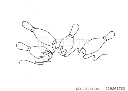 Single continuous line drawing white bowling pins are mid-fall. Symbolizing dynamic action, successful impact, and thrill of a perfect bowling strike. One line draw graphic design vector illustration 129861783