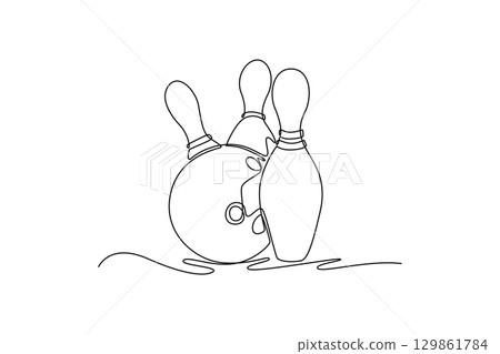 Single continuous line drawing bowling ball is striking pins. symbolizing impact, power, and the pivotal moment of competitive game or sports. Dynamic one line draw graphic design vector illustration Single continuous line drawing bowling ball is striking pins. symbolizing impact, power, and the pivotal moment of competitive game or sports. Dynamic one line draw graphic design vector illustration 129861784