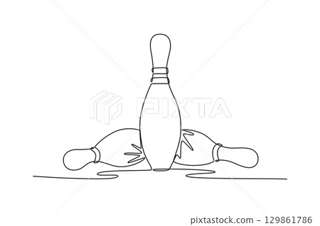 Single one line drawing bowling pins, one standing and two fallen. Symbolizing the challenge, result, and thrill of a competitive game. Modern continuous line draw design graphic vector illustration Single one line drawing bowling pins, one standing and two fallen. Symbolizing the challenge, result, and thrill of a competitive game. Modern continuous line draw design graphic vector illustration 129861786