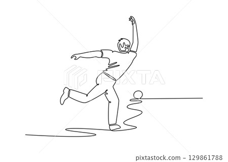 Single one line drawing back view man bowler in follow-through pose after releasing ball. Symbolize fluid motion and athletic grace of bowling. Continuous line draw design graphic vector illustration Single one line drawing back view man bowler in follow-through pose after releasing ball. Symbolize fluid motion and athletic grace of bowling. Continuous line draw design graphic vector illustration 129861788