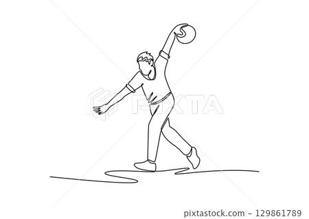 Single one line drawing attractive male bowler swinging his arm back to release the ball. Symbolizing athletic skill and dynamic action. Modern continuous line draw design graphic vector illustration 129861789