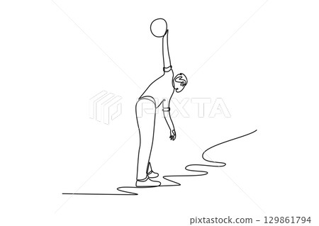 Single one line drawing skilled man bowling player ready to roll the ball. Focusing on dynamic motion and unique posture of the bowler. Modern continuous line draw design graphic vector illustration Single one line drawing skilled man bowling player ready to roll the ball. Focusing on dynamic motion and unique posture of the bowler. Modern continuous line draw design graphic vector illustration 129861794