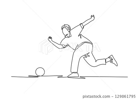 Single one line drawing male bowling player in follow-through pose after releasing ball. Symbolizing fluid motion and athletic grace of sports. Continuous line draw design graphic vector illustration Single one line drawing male bowling player in follow-through pose after releasing ball. Symbolizing fluid motion and athletic grace of sports. Continuous line draw design graphic vector illustration 129861795