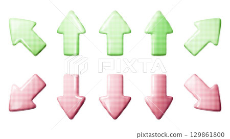 Vector set of green upward and red downward arrows with halftone texture. Abstract dotted design elements for navigation, growth, decline, or decoration. Isolated on white background. Vector set of green upward and red downward arrows with halftone texture. Abstract dotted design elements for navigation, growth, decline, or decoration. Isolated on white background. 129861800