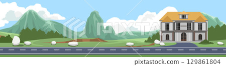 Horizontal or Lanscape view of asphalt road cut through the lonely castle. long road stretches through the hilly grasslands. Background is a tall mountain range, under white clouds and a blue sky. Horizontal or Lanscape view of asphalt road cut through the lonely castle. long road stretches through the hilly grasslands. Background is a tall mountain range, under white clouds and a blue sky. 129861804