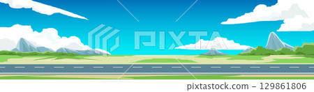 Horizontal or horizontal banner background of asphalt road.  Background is a flat grassland with wide open land and hills. White clouds and blue clear sky. 129861806