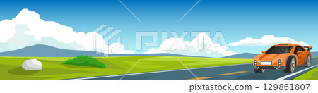 Landscape of asphalt roads with sport cars. Driver drove alone happily. Roadside was full of beautiful green hills decorated with rocks. Background of mountain and blue sky with white clouds. 129861807