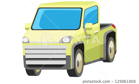 Cartoon vector perspective view of mini pickup car yellow color. On isolated white background. 129861808