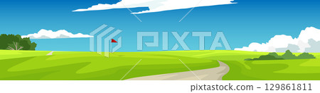 Golf course grassland landscape poster. Golf hole with flagpole on hill. Winding dirt road through bright green landscape with hills. Empty background of mountains and blue sky with white clouds. 129861811