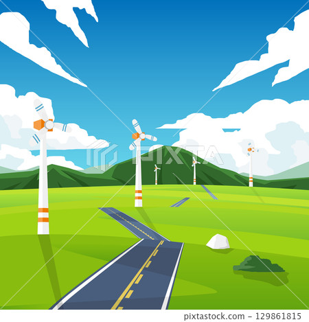 Vector poster of a square illustration. Long asphalt road cuts through the hills.Towering windmills line the hillsides.. Tall mountains and blue sky with white clouds. Vector poster of a square illustration. Long asphalt road cuts through the hills.Towering windmills line the hillsides.. Tall mountains and blue sky with white clouds. 129861815