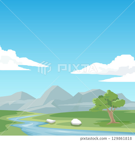 Vector poster of square picture. River flows through the hills. both sides are full of green grass. The empty background is mountains and blue sky with white clouds. 129861818
