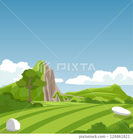 Banner or Poster square shape of Agricultu. Hills are undulating and crisscrossed with grassy terraces. Trees are prominent. high mountain with cliffs under blue sky and white clouds. Banner or Poster square shape of Agricultu. Hills are undulating and crisscrossed with grassy terraces. Trees are prominent. high mountain with cliffs under blue sky and white clouds. 129861821