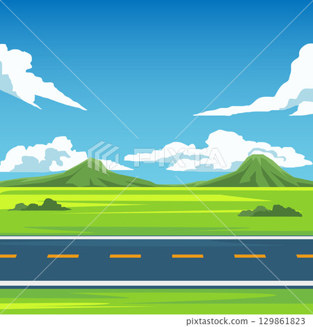 Square vector poster of asphalt road to travel. Horizontal view of  asphalt road ahead with yellow center line. Meadow and green grass with mountain under blue sky and white clouds for background. 129861823