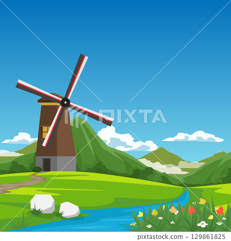 Road Trip Vector Poster square shape of Windmill House. Stream flowing through the hills. Front of grass and flower. Empty space background of mountain and  blue sky with white clouds. 129861825