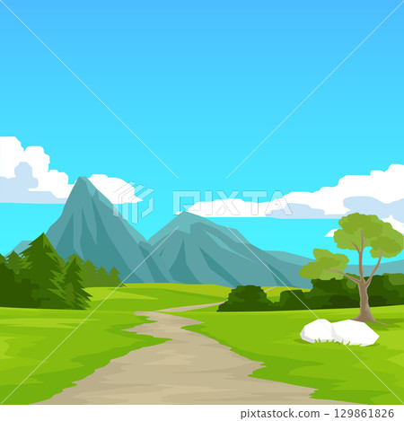 Road Trip Vector Poster square shape. Winding dirt road. Through bright green landscape with hills trees. Empty space background of blue sky with white clouds. Road Trip Vector Poster square shape. Winding dirt road. Through bright green landscape with hills trees. Empty space background of blue sky with white clouds. 129861826