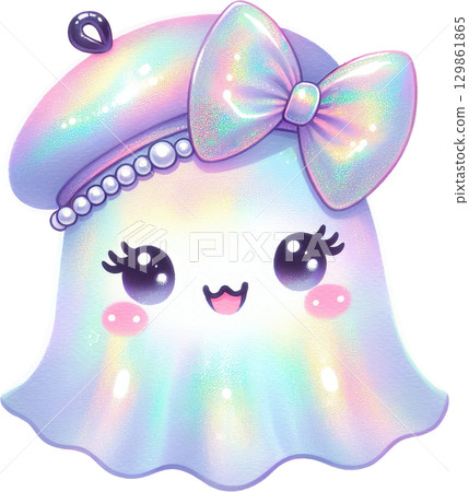 Whimsical and ethereal iridescent ghost spirit character with a colorful bow 129861865