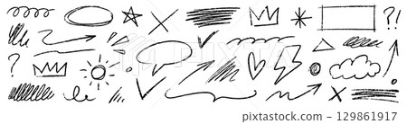 Line hand drawn arrow set. Chalk line abstract arrow with hand drawn crown, heart, cloud and underline brushstroke element in grunge sketch texture. Crayon scribble brush stroke vector 129861917