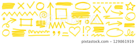 Highlight marker pen element set. Yellow color marker and brush stroke with highlight underline, check arrow and round circle. Doodle texture sketch shapes in school art style. Vector Highlight marker pen element set. Yellow color marker and brush stroke with highlight underline, check arrow and round circle. Doodle texture sketch shapes in school art style. Vector 129861919