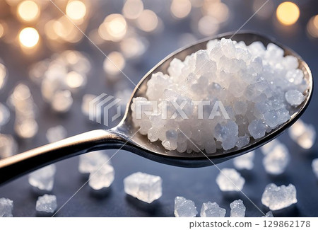 White crystals scooped up with a spoon White crystals scooped up with a spoon 129862178