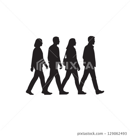 silhouette of a group of people walking side by side isolated on white background 129862493
