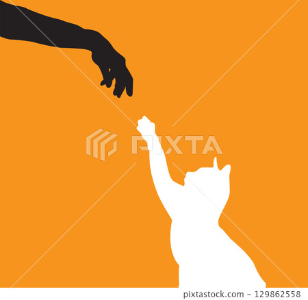 black hand silhouette of a white cat 129862558