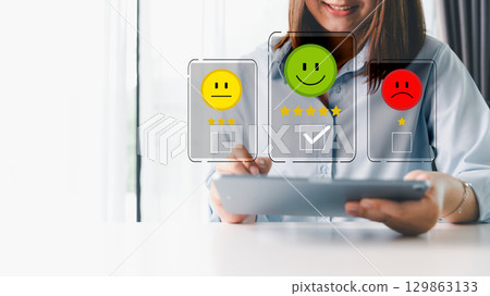 Customer service evaluation concept. Client feedback from marketing survey excellent service and quality satisfaction, customers can evaluate quality of service leading to business reputation rating. 129863133