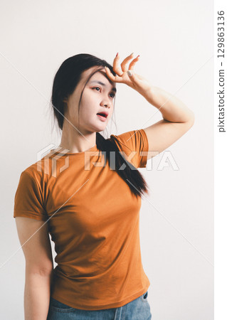 Asian girl expresses dislike, person express negative feeling, concept business complaint from customer ensuring employee satisfaction negative feedback to prevent mental strain customer dislike Asian girl expresses dislike, person express negative feeling, concept business complaint from customer ensuring employee satisfaction negative feedback to prevent mental strain customer dislike 129863136